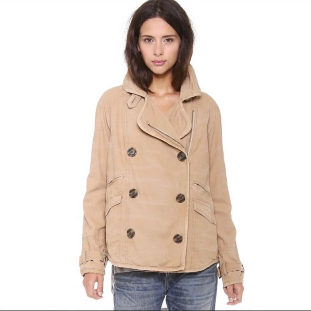Free People Tan Colored Distressed Button Closure Jacket Contemporary Casual